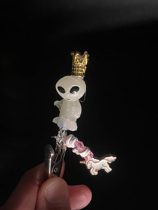 Glow in the Dark / Alien Crown / Light Pink Shorty Clip w/ Light Pink and White Unicorn Charm